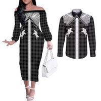 Aloha Hawaii Cowboys Paniolo Couples Matching Off The Shoulder Long Sleeve Dress and Long Sleeve Button Shirt Black Palaka - Polynesian Pride