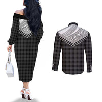 Aloha Hawaii Cowboys Paniolo Couples Matching Off The Shoulder Long Sleeve Dress and Long Sleeve Button Shirt Black Palaka - Polynesian Pride