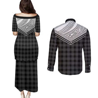 Aloha Hawaii Cowboys Paniolo Couples Matching Puletasi and Long Sleeve Button Shirt Black Palaka - Polynesian Pride