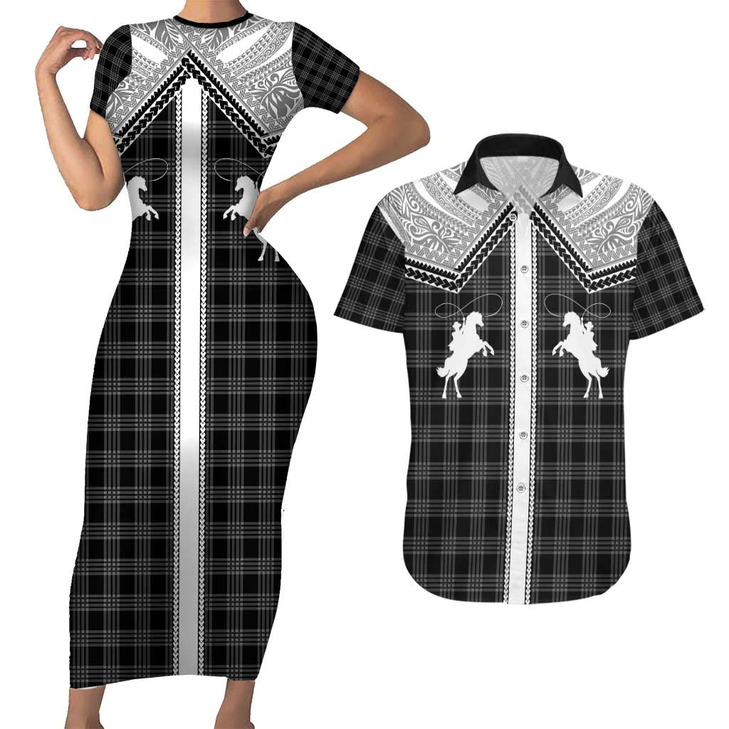 Aloha Hawaii Cowboys Paniolo Couples Matching Short Sleeve Bodycon Dress and Hawaiian Shirt Black Palaka - Polynesian Pride
