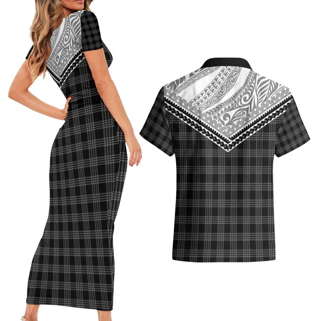 Aloha Hawaii Cowboys Paniolo Couples Matching Short Sleeve Bodycon Dress and Hawaiian Shirt Black Palaka - Polynesian Pride