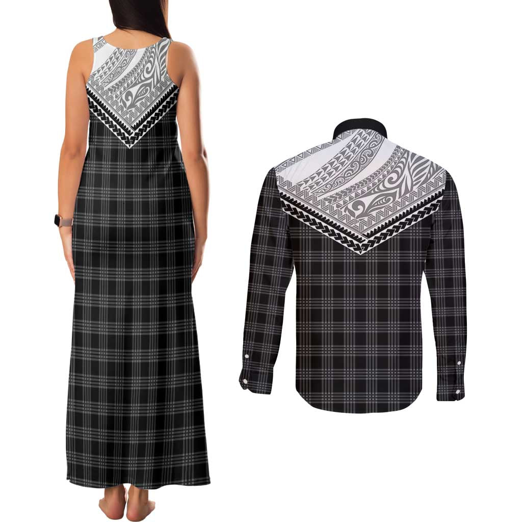 Aloha Hawaii Cowboys Paniolo Couples Matching Tank Maxi Dress and Long Sleeve Button Shirt Black Palaka - Polynesian Pride