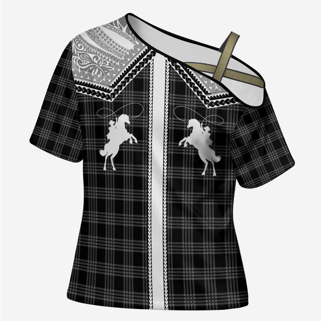 Aloha Hawaii Cowboys Paniolo Cross Shoulder Shirt Black Palaka - Polynesian Pride
