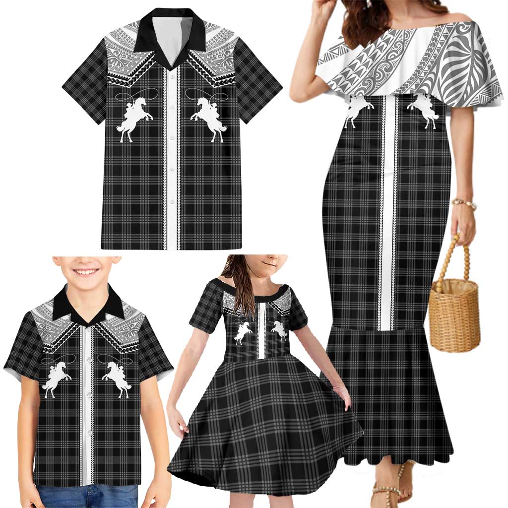 Aloha Hawaii Cowboys Paniolo Family Matching Mermaid Dress and Hawaiian Shirt Black Palaka - Polynesian Pride