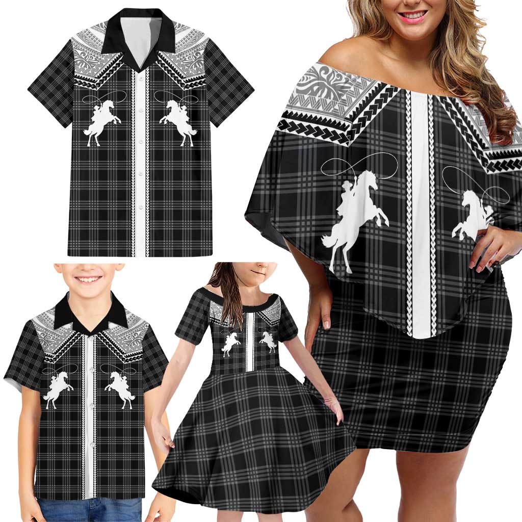 Aloha Hawaii Cowboys Paniolo Family Matching Off Shoulder Short Dress and Hawaiian Shirt Black Palaka - Polynesian Pride