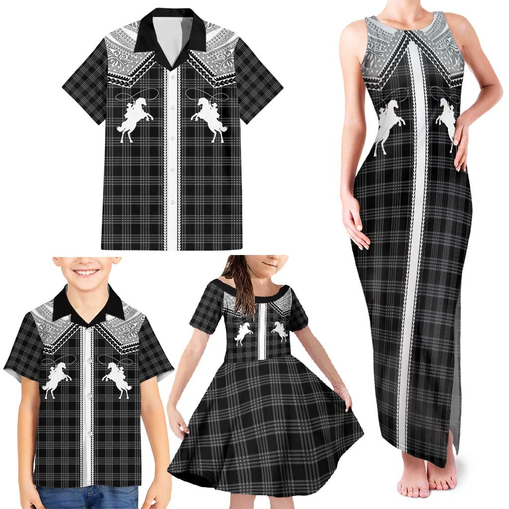 Aloha Hawaii Cowboys Paniolo Family Matching Tank Maxi Dress and Hawaiian Shirt Black Palaka - Polynesian Pride