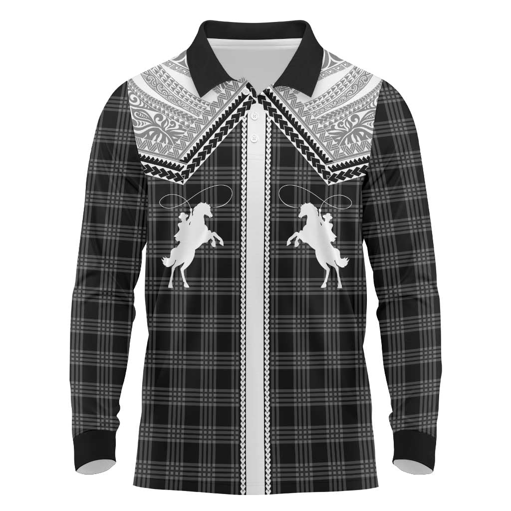 Aloha Hawaii Cowboys Paniolo Long Sleeve Polo Shirt Black Palaka - Polynesian Pride