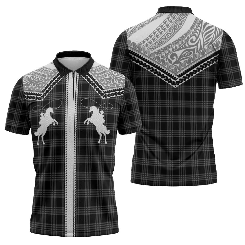 Aloha Hawaii Cowboys Paniolo Zipper Polo Shirt Black Palaka - Polynesian Pride