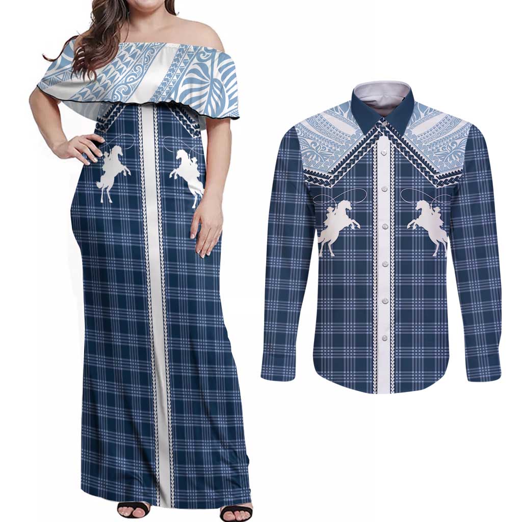 Aloha Hawaii Cowboys Paniolo Couples Matching Off Shoulder Maxi Dress and Long Sleeve Button Shirt Navy Blue Palaka - Polynesian Pride