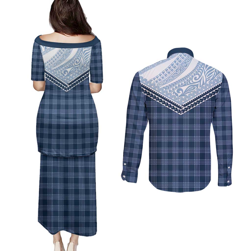 Aloha Hawaii Cowboys Paniolo Couples Matching Puletasi and Long Sleeve Button Shirt Navy Blue Palaka - Polynesian Pride