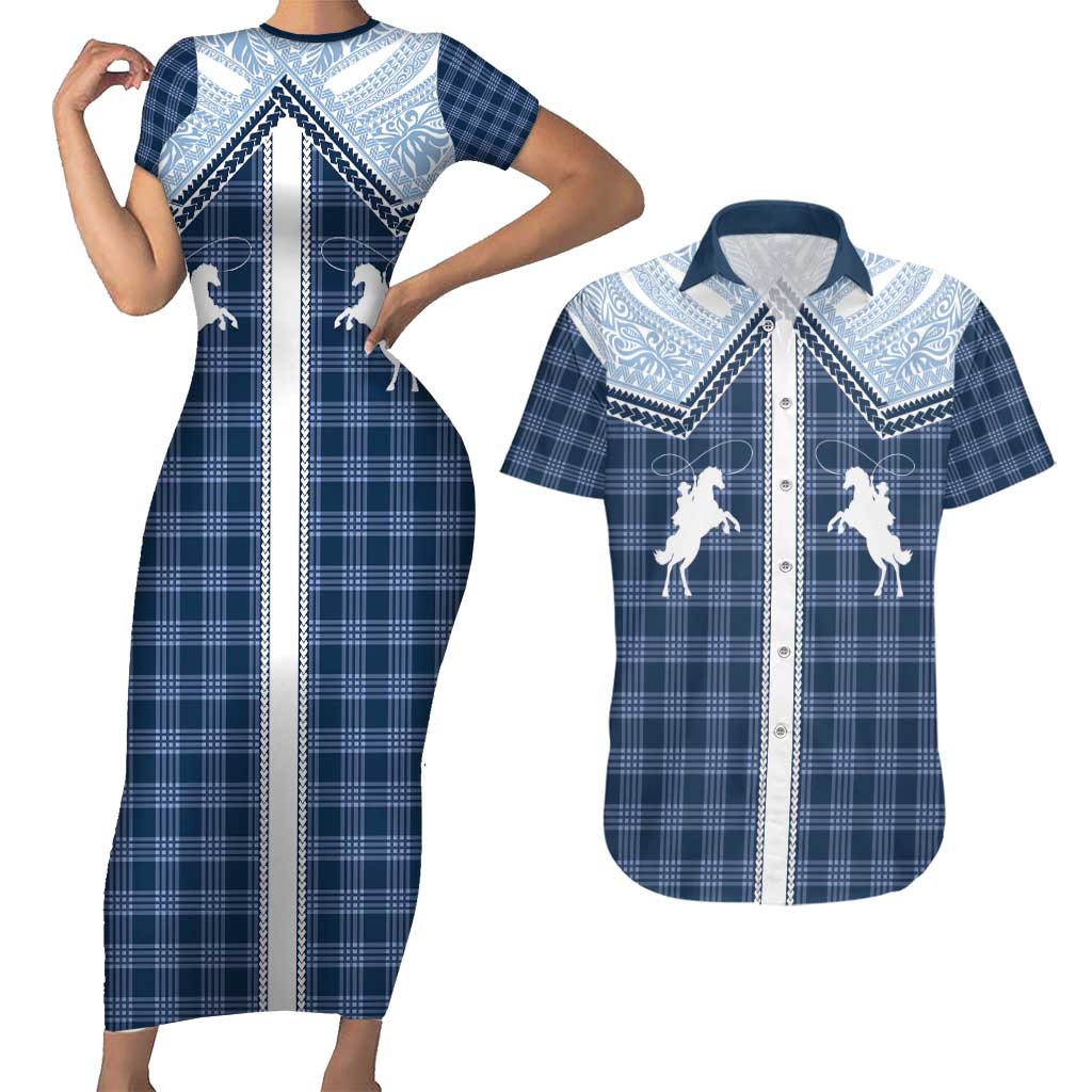 Aloha Hawaii Cowboys Paniolo Couples Matching Short Sleeve Bodycon Dress and Hawaiian Shirt Navy Blue Palaka - Polynesian Pride
