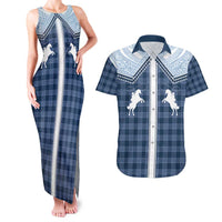 Aloha Hawaii Cowboys Paniolo Couples Matching Tank Maxi Dress and Hawaiian Shirt Navy Blue Palaka - Polynesian Pride