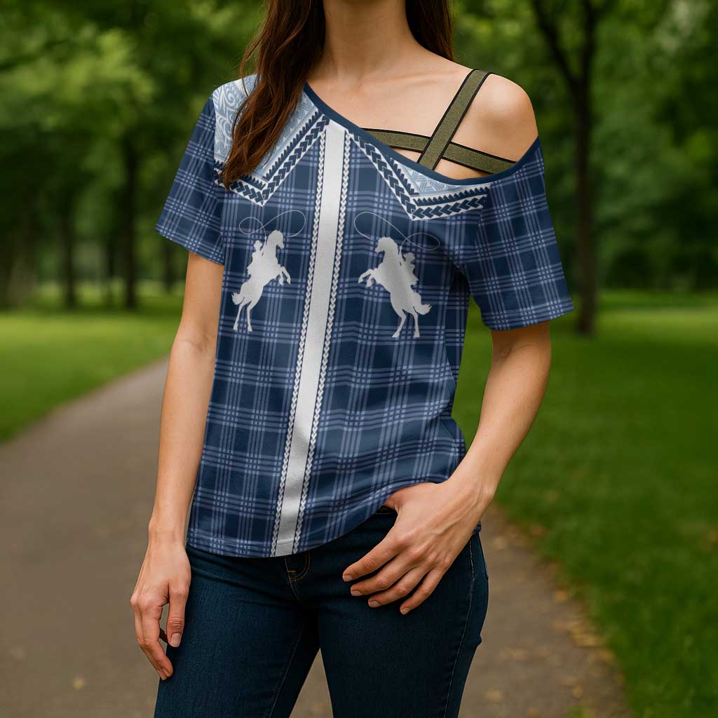 Aloha Hawaii Cowboys Paniolo Cross Shoulder Shirt Navy Blue Palaka - Polynesian Pride