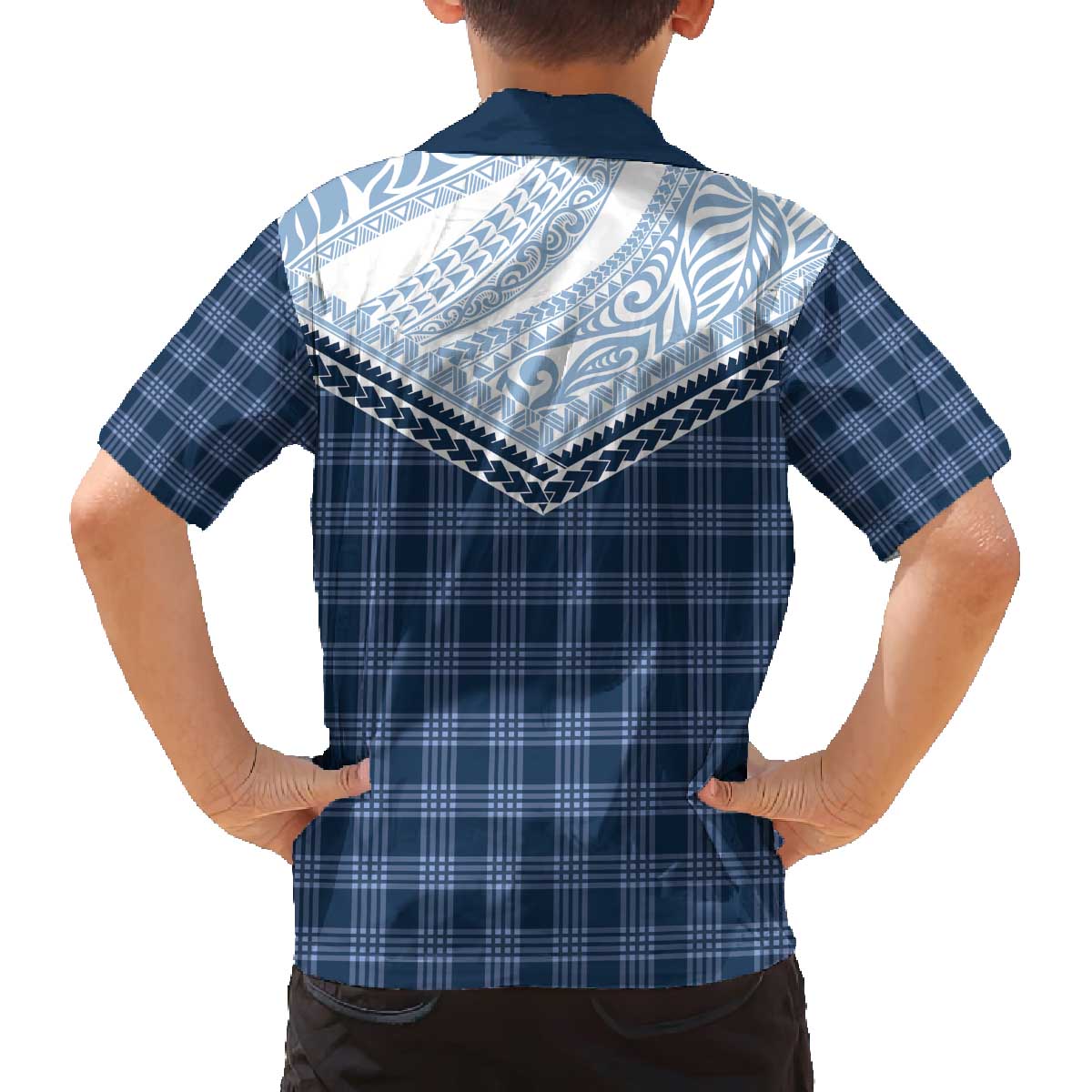 Aloha Hawaii Cowboys Paniolo Family Matching Off The Shoulder Long Sleeve Dress and Hawaiian Shirt Navy Blue Palaka - Polynesian Pride