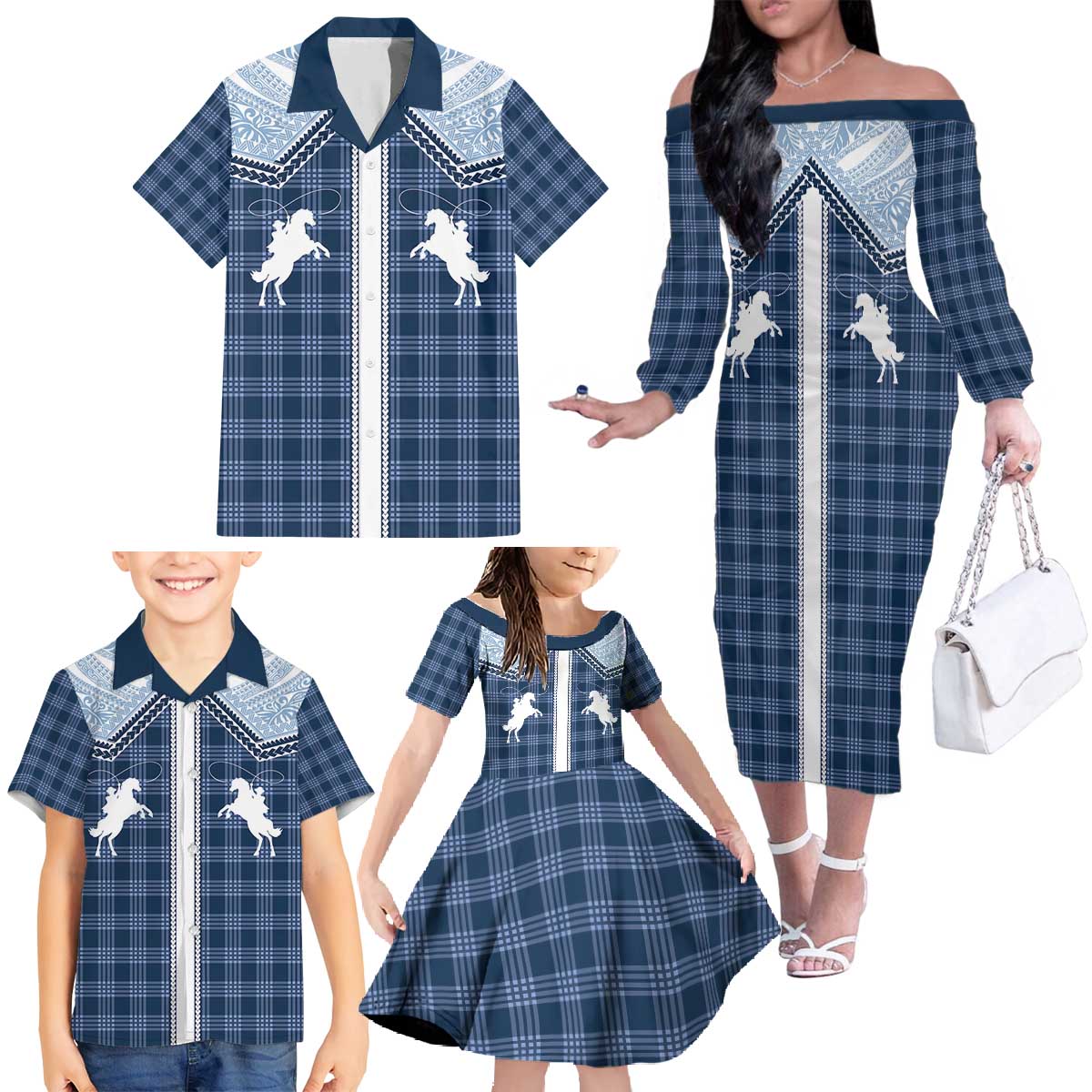 Aloha Hawaii Cowboys Paniolo Family Matching Off The Shoulder Long Sleeve Dress and Hawaiian Shirt Navy Blue Palaka - Polynesian Pride
