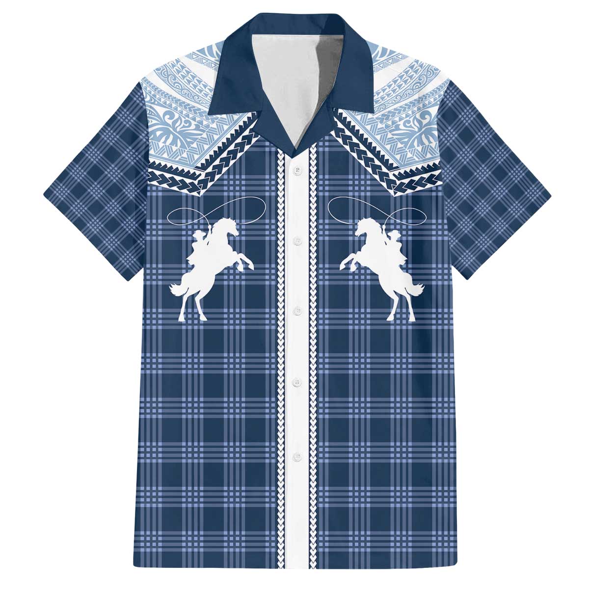 Aloha Hawaii Cowboys Paniolo Family Matching Off The Shoulder Long Sleeve Dress and Hawaiian Shirt Navy Blue Palaka - Polynesian Pride