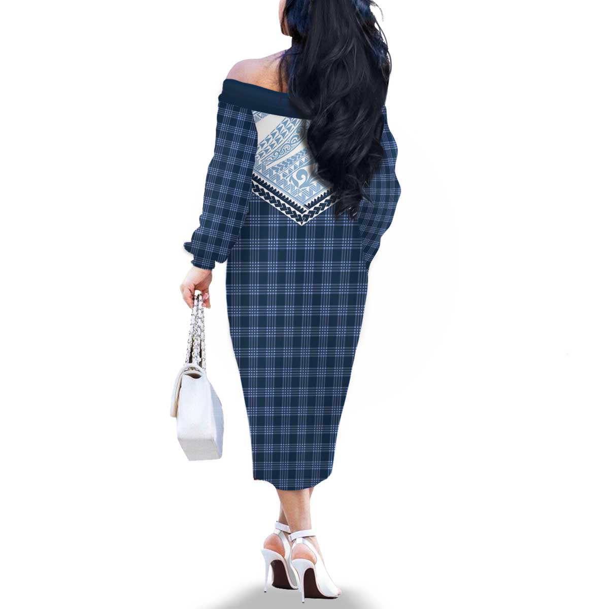 Aloha Hawaii Cowboys Paniolo Family Matching Off The Shoulder Long Sleeve Dress and Hawaiian Shirt Navy Blue Palaka - Polynesian Pride