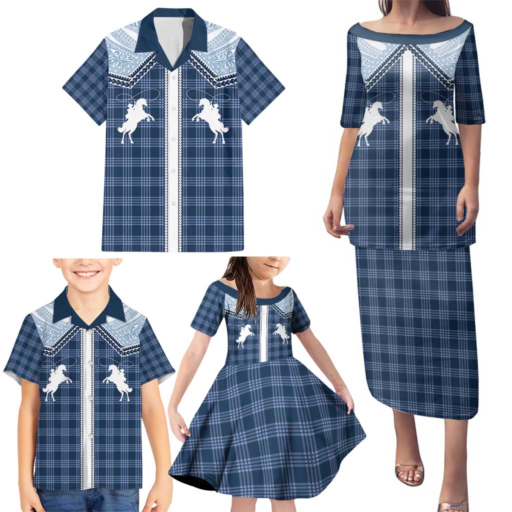 Aloha Hawaii Cowboys Paniolo Family Matching Puletasi and Hawaiian Shirt Navy Blue Palaka - Polynesian Pride