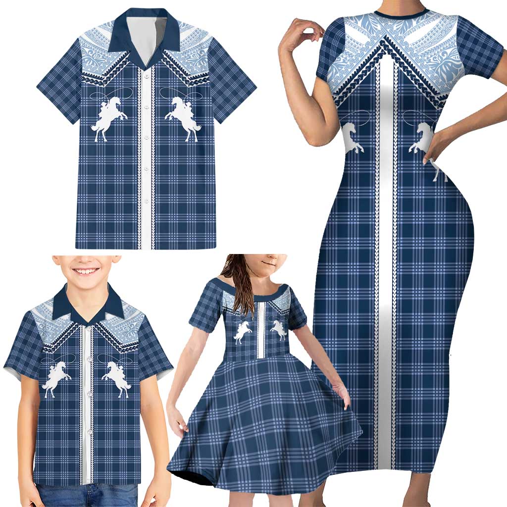 Aloha Hawaii Cowboys Paniolo Family Matching Short Sleeve Bodycon Dress and Hawaiian Shirt Navy Blue Palaka - Polynesian Pride