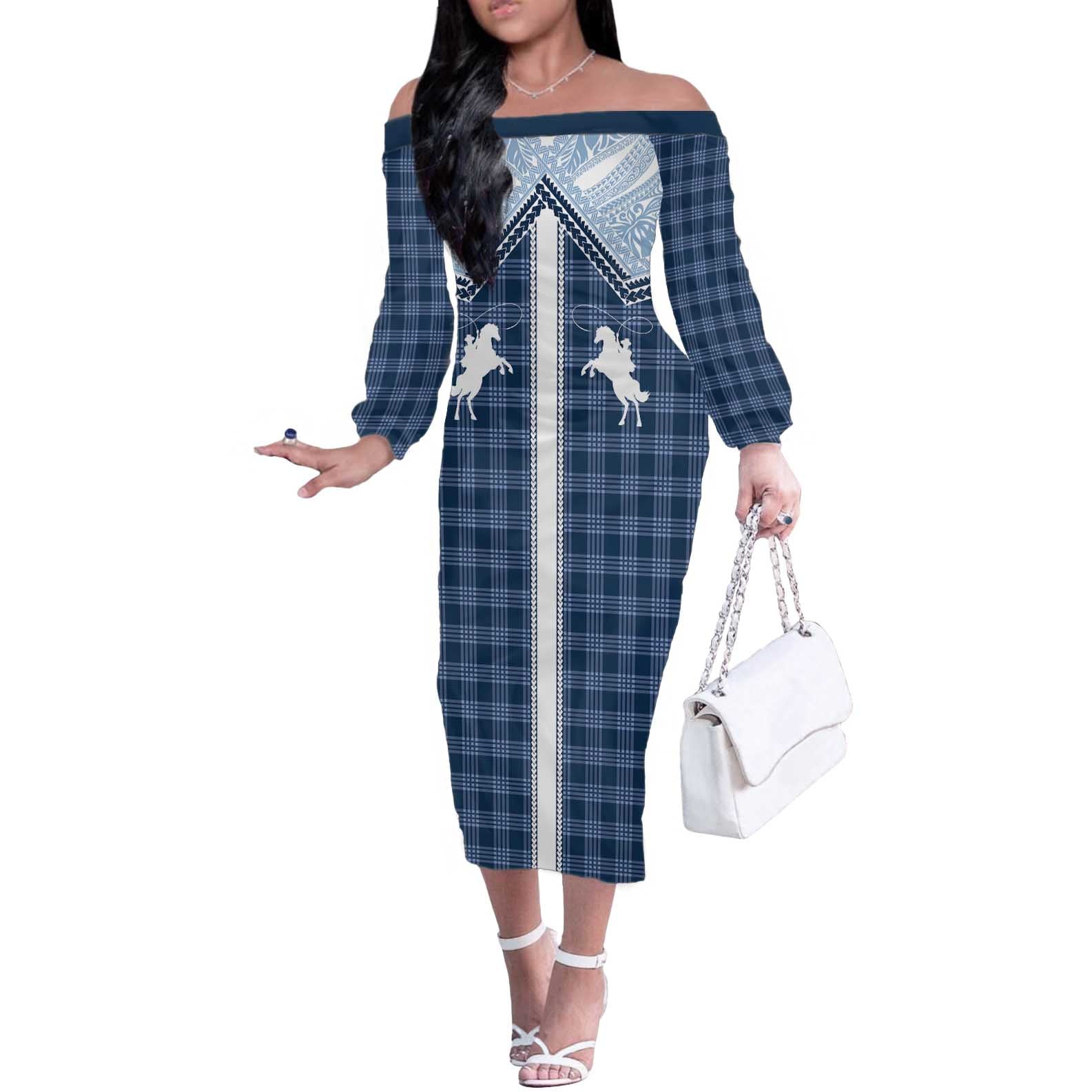Aloha Hawaii Cowboys Paniolo Off The Shoulder Long Sleeve Dress Navy Blue Palaka - Polynesian Pride
