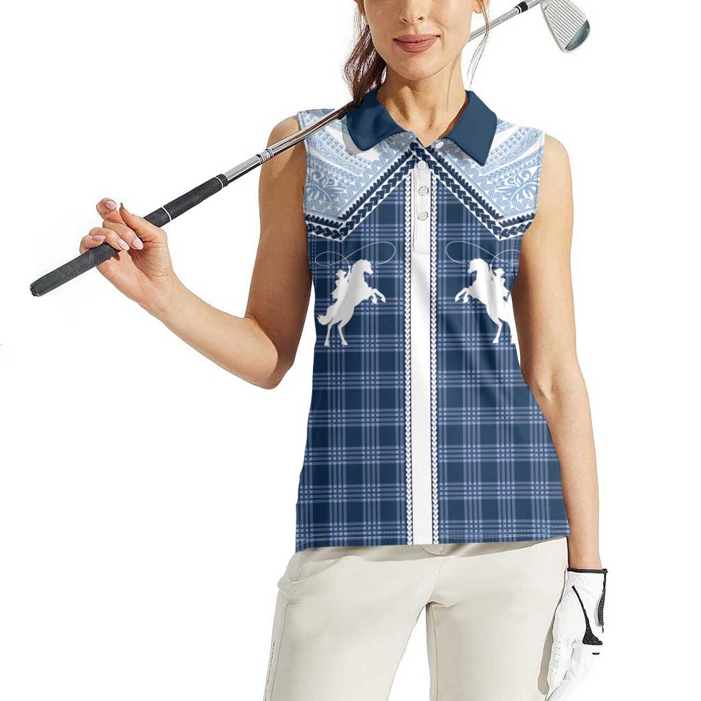 Aloha Hawaii Cowboys Paniolo Women Sleeveless Polo Shirt Navy Blue Palaka - Polynesian Pride