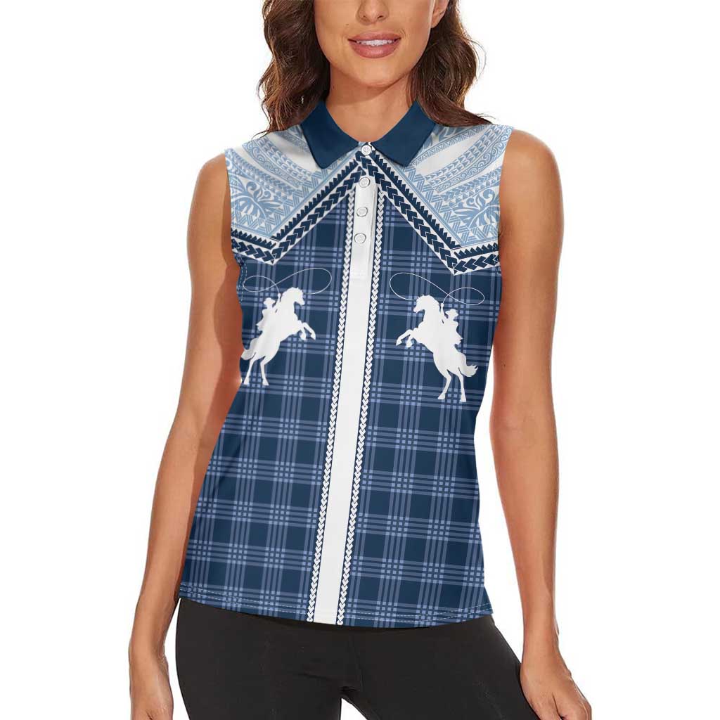 Aloha Hawaii Cowboys Paniolo Women Sleeveless Polo Shirt Navy Blue Palaka - Polynesian Pride