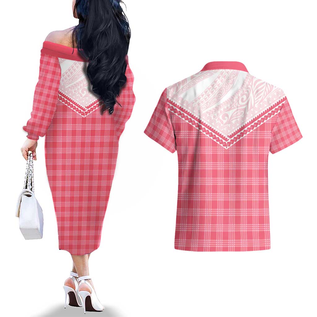 Aloha Hawaii Cowboys Paniolo Couples Matching Off The Shoulder Long Sleeve Dress and Hawaiian Shirt Rose Palaka - Polynesian Pride