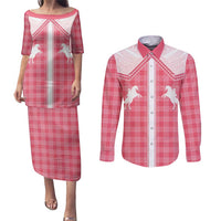 Aloha Hawaii Cowboys Paniolo Couples Matching Puletasi and Long Sleeve Button Shirt Rose Palaka - Polynesian Pride