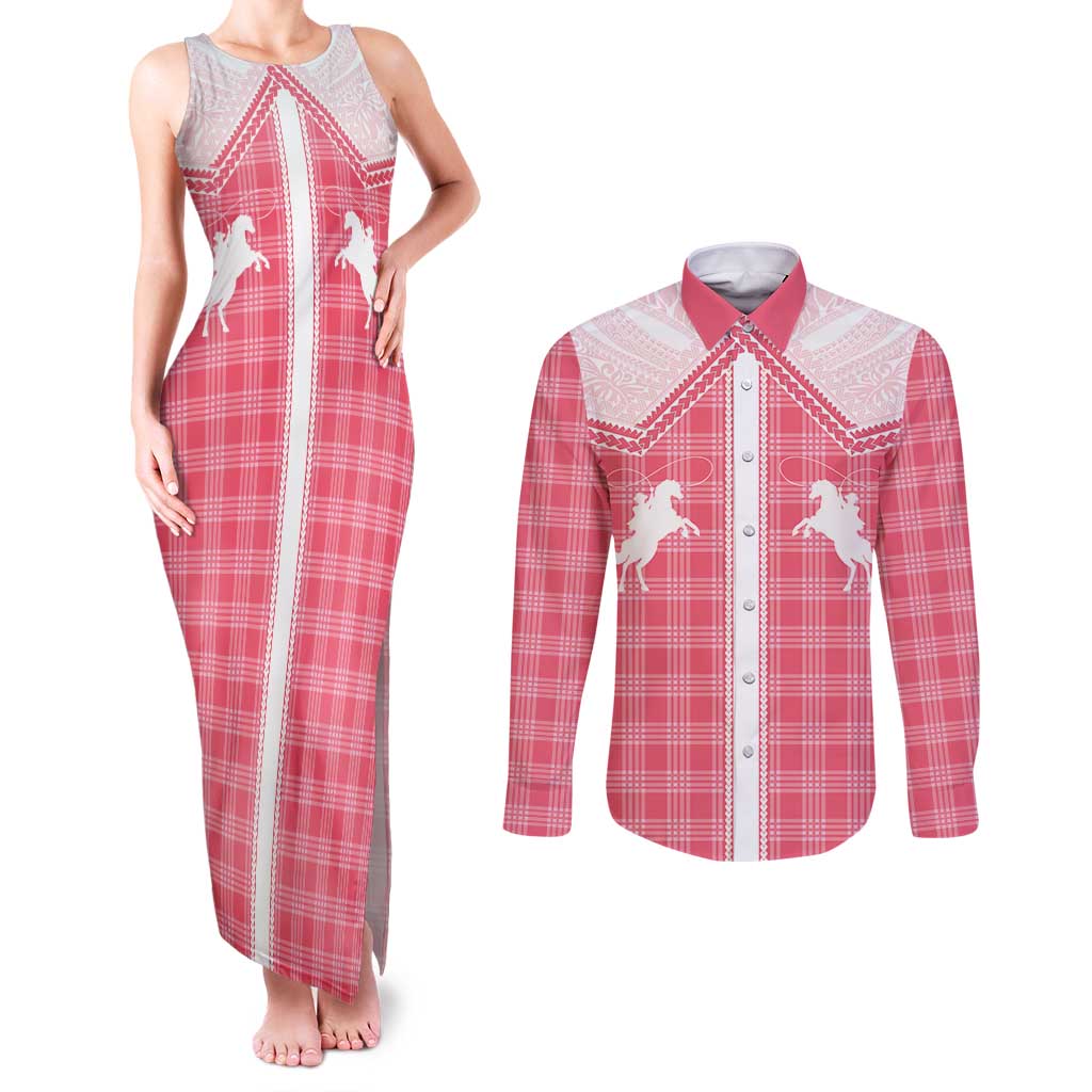 Aloha Hawaii Cowboys Paniolo Couples Matching Tank Maxi Dress and Long Sleeve Button Shirt Rose Palaka - Polynesian Pride