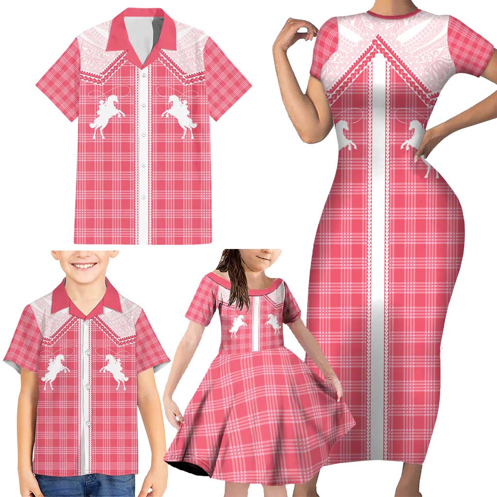 Aloha Hawaii Cowboys Paniolo Family Matching Short Sleeve Bodycon Dress and Hawaiian Shirt Rose Palaka - Polynesian Pride