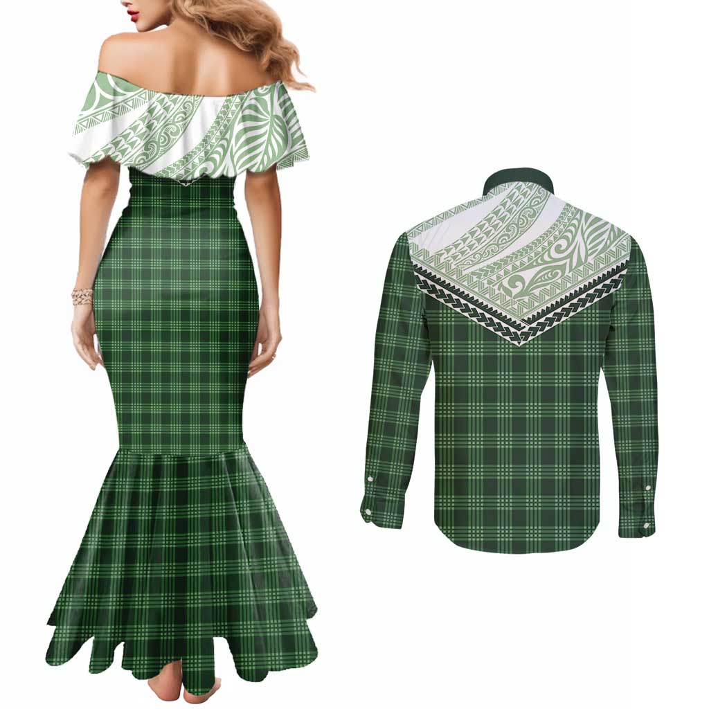 Aloha Hawaii Cowboys Paniolo Couples Matching Mermaid Dress and Long Sleeve Button Shirt Forest Green Palaka - Polynesian Pride