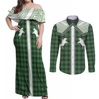 Aloha Hawaii Cowboys Paniolo Couples Matching Off Shoulder Maxi Dress and Long Sleeve Button Shirt Forest Green Palaka - Polynesian Pride
