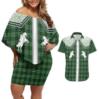 Aloha Hawaii Cowboys Paniolo Couples Matching Off Shoulder Short Dress and Hawaiian Shirt Forest Green Palaka - Polynesian Pride