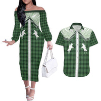 Aloha Hawaii Cowboys Paniolo Couples Matching Off The Shoulder Long Sleeve Dress and Hawaiian Shirt Forest Green Palaka - Polynesian Pride