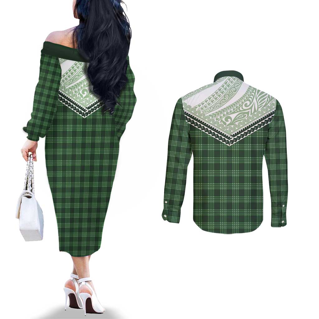 Aloha Hawaii Cowboys Paniolo Couples Matching Off The Shoulder Long Sleeve Dress and Long Sleeve Button Shirt Forest Green Palaka - Polynesian Pride