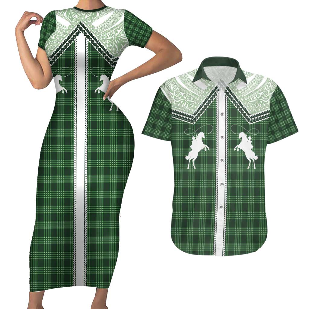 Aloha Hawaii Cowboys Paniolo Couples Matching Short Sleeve Bodycon Dress and Hawaiian Shirt Forest Green Palaka - Polynesian Pride
