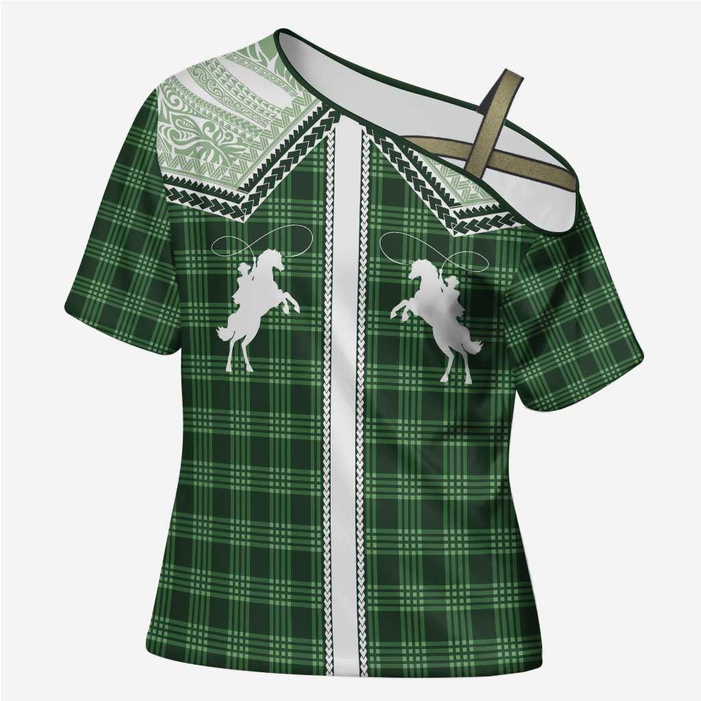 Aloha Hawaii Cowboys Paniolo Cross Shoulder Shirt Forest Green Palaka - Polynesian Pride