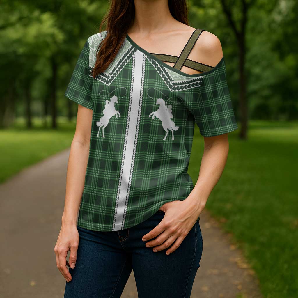 Aloha Hawaii Cowboys Paniolo Cross Shoulder Shirt Forest Green Palaka - Polynesian Pride