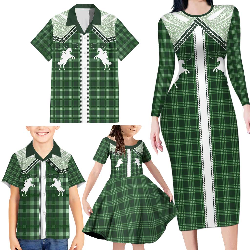 Aloha Hawaii Cowboys Paniolo Family Matching Long Sleeve Bodycon Dress and Hawaiian Shirt Forest Green Palaka - Polynesian Pride
