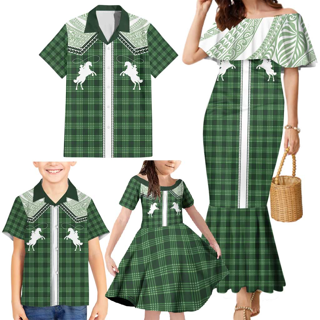 Aloha Hawaii Cowboys Paniolo Family Matching Mermaid Dress and Hawaiian Shirt Forest Green Palaka - Polynesian Pride