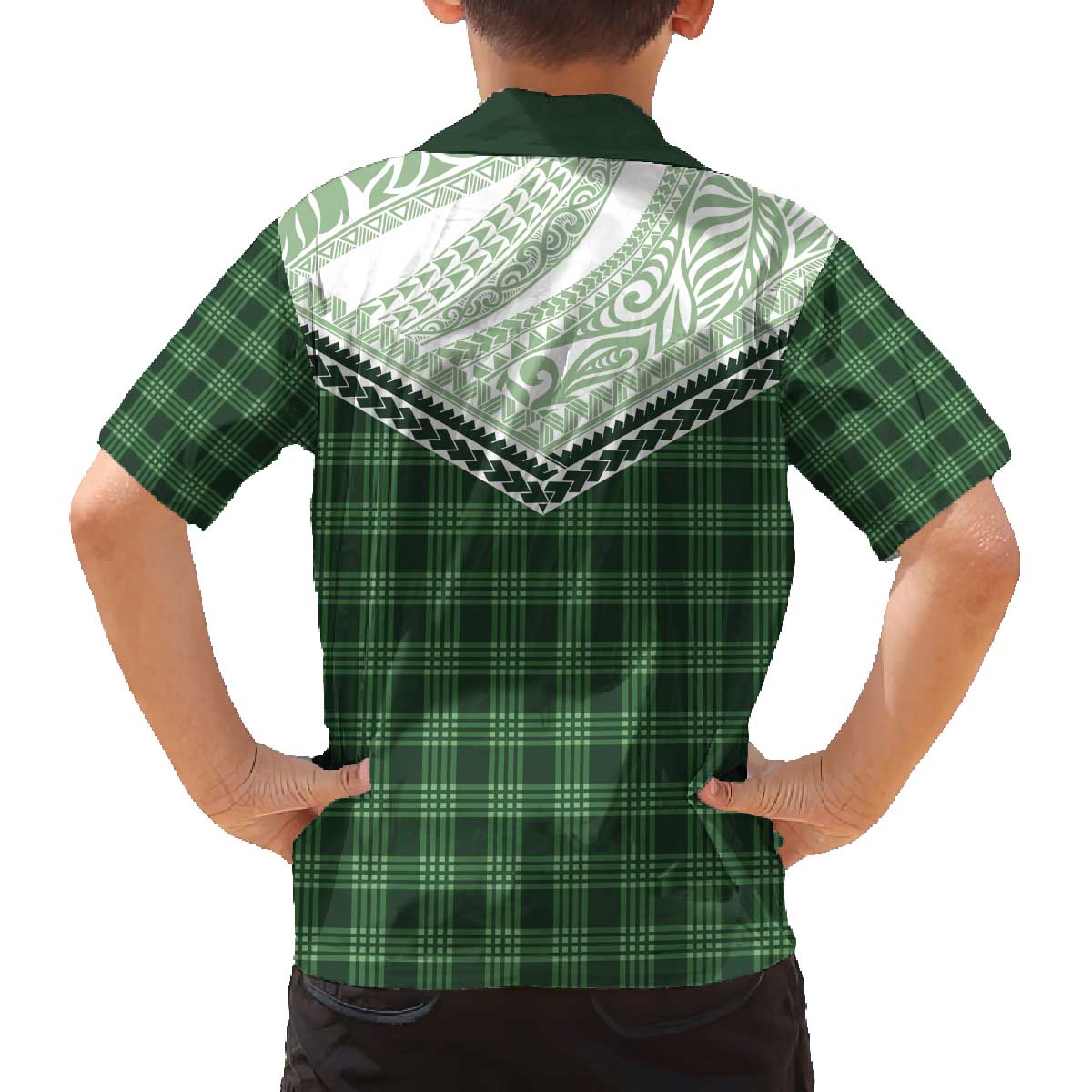 Aloha Hawaii Cowboys Paniolo Family Matching Off The Shoulder Long Sleeve Dress and Hawaiian Shirt Forest Green Palaka - Polynesian Pride