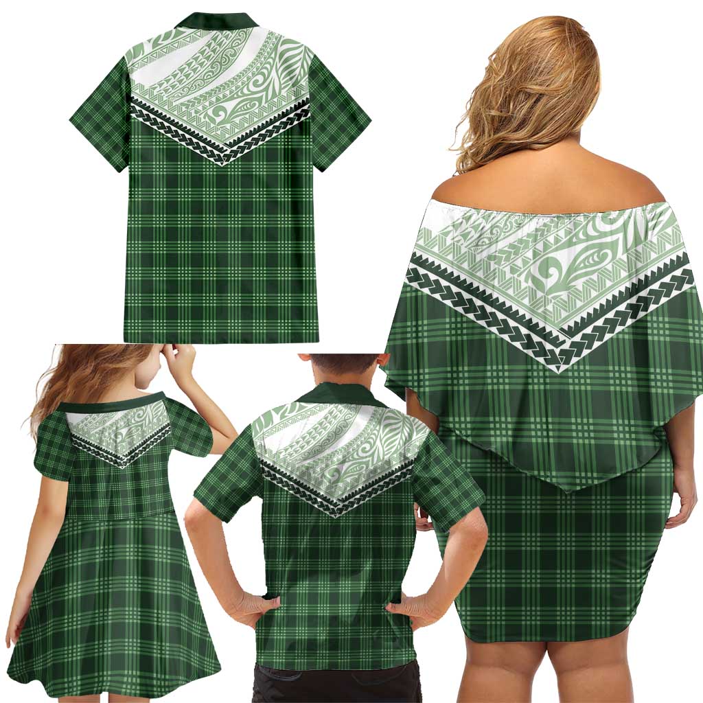 Aloha Hawaii Cowboys Paniolo Family Matching Off Shoulder Short Dress and Hawaiian Shirt Forest Green Palaka - Polynesian Pride