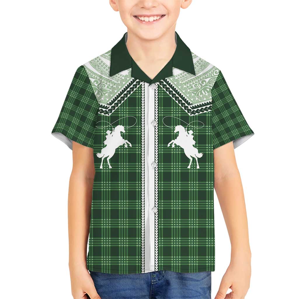 Aloha Hawaii Cowboys Paniolo Family Matching Off Shoulder Short Dress and Hawaiian Shirt Forest Green Palaka - Polynesian Pride