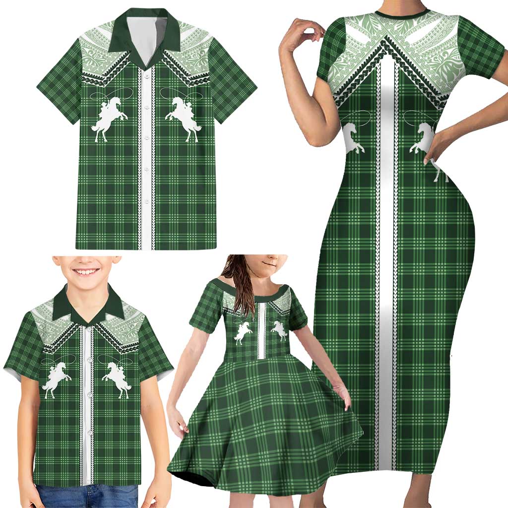 Aloha Hawaii Cowboys Paniolo Family Matching Short Sleeve Bodycon Dress and Hawaiian Shirt Forest Green Palaka - Polynesian Pride