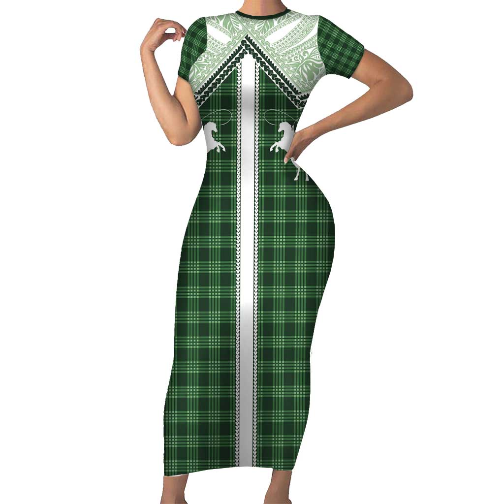 Aloha Hawaii Cowboys Paniolo Family Matching Short Sleeve Bodycon Dress and Hawaiian Shirt Forest Green Palaka - Polynesian Pride