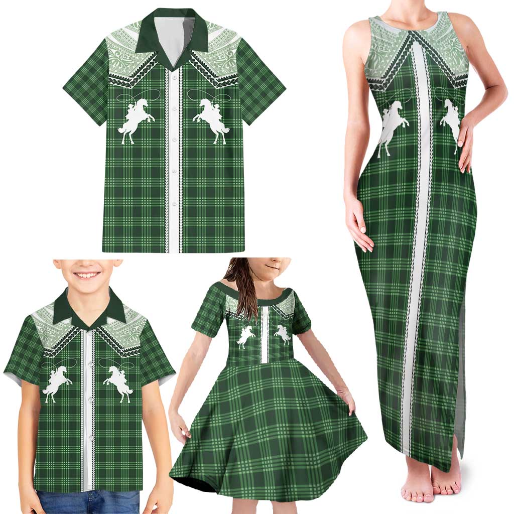 Aloha Hawaii Cowboys Paniolo Family Matching Tank Maxi Dress and Hawaiian Shirt Forest Green Palaka - Polynesian Pride