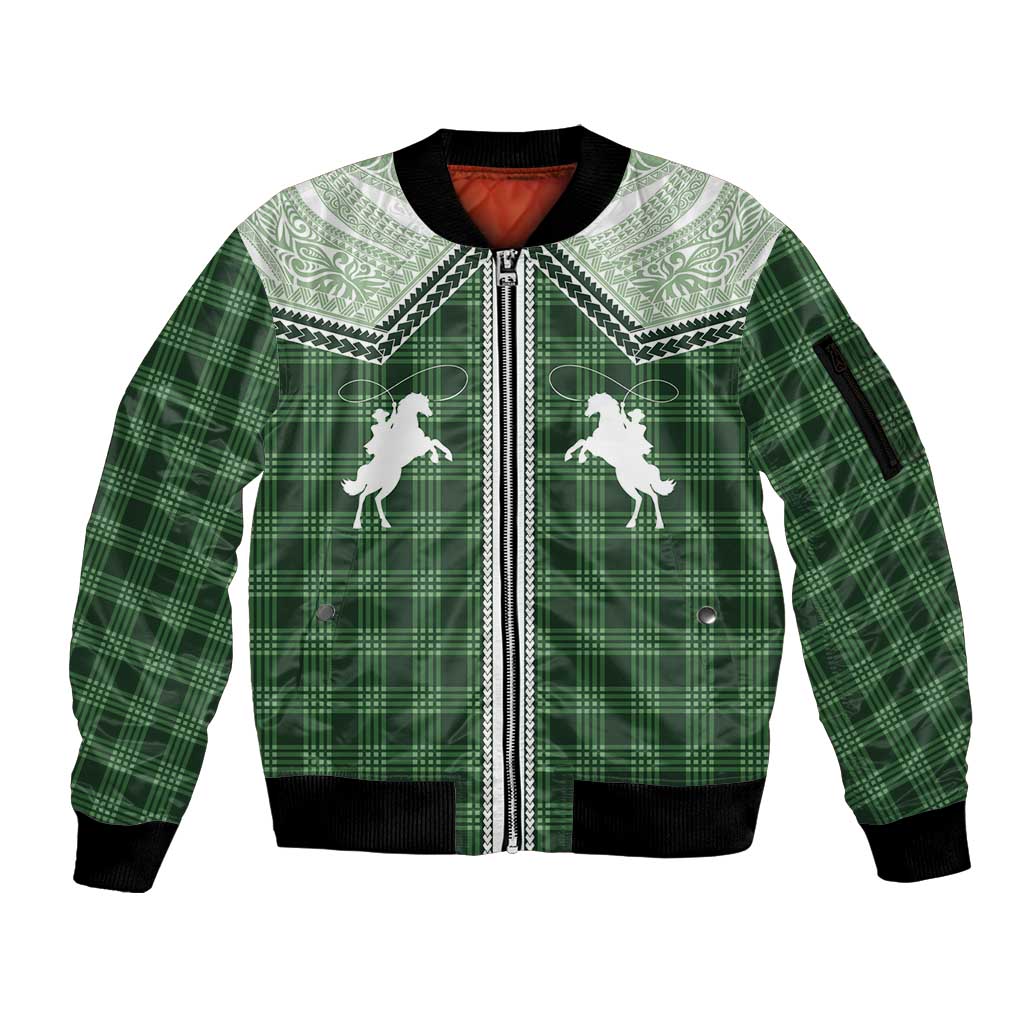 Aloha Hawaii Cowboys Paniolo Sleeve Zip Bomber Jacket Forest Green Palaka - Polynesian Pride