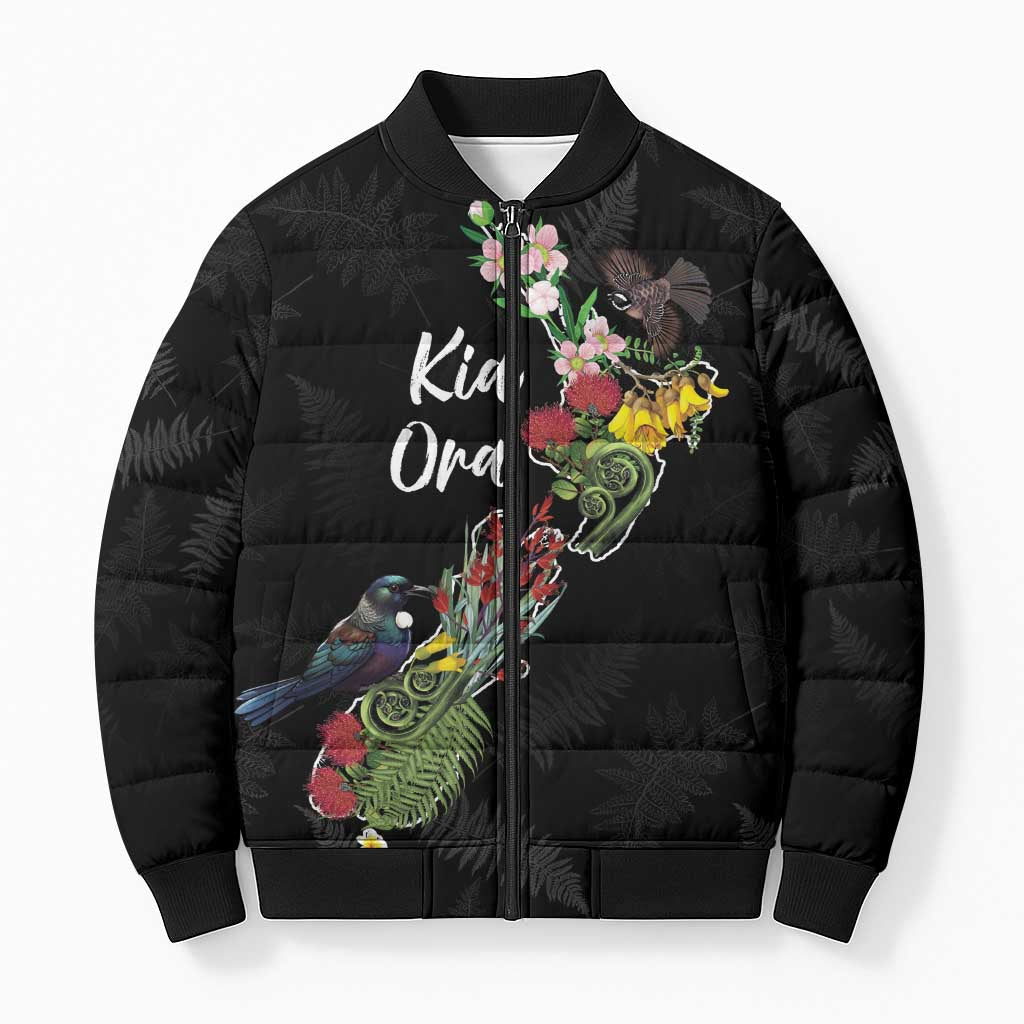Kia Ora New Zealand Floral Personalized Bomber Puffer Jacket Black - Polynesian Pride