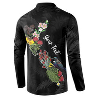 Kia Ora New Zealand Floral Personalized Button Sweatshirt Black - Polynesian Pride