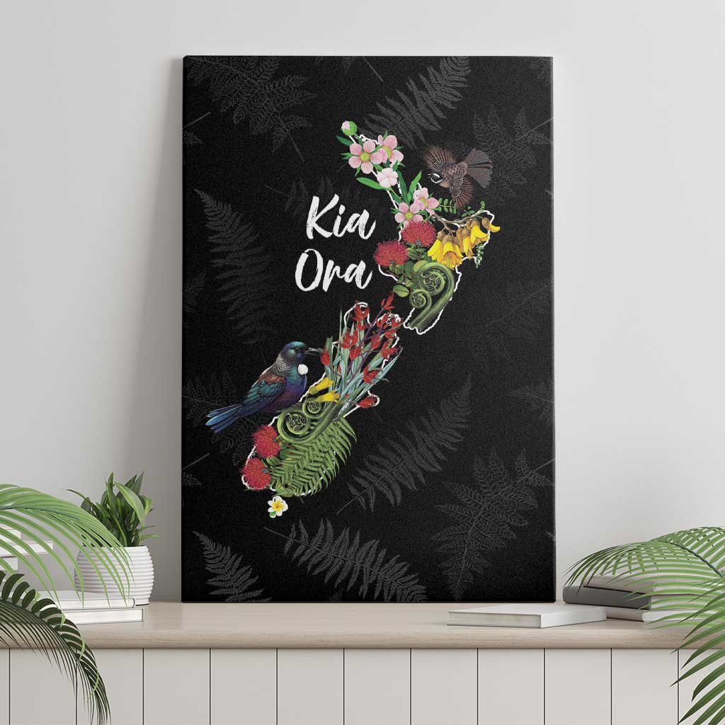 Kia Ora New Zealand Floral Canvas Wall Art Black - Polynesian Pride